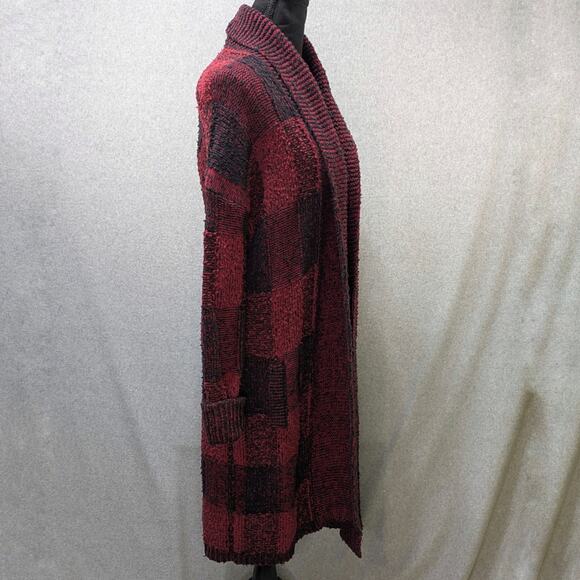 Lucky Brand Open Wear Red Black Checkered Boucle Cardigan Sweater Size M - Picture 16 of 16
